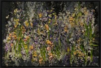 Color photograph of smashed flowers against a black background framed in black