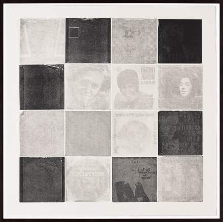 Color image of a suite of sixteen record covers and sleeves pressed on white paper with black ink framed in black