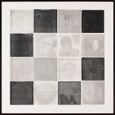 Color image of a suite of sixteen record covers and sleeves pressed on white paper with black ink framed in black