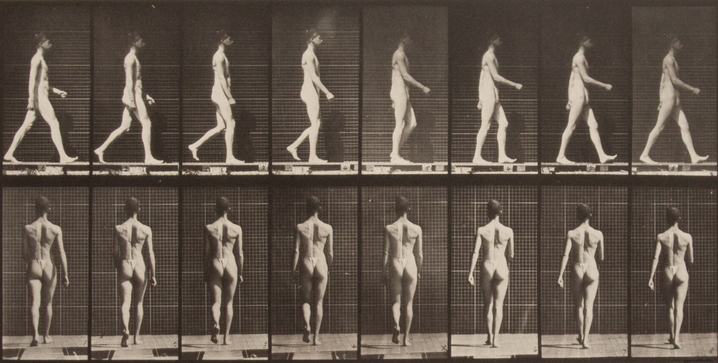 Grid of black and white photographs of a person in the process of walking, from the side and rear