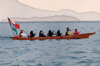 Color image of a digital rendering of seven figures in a row boat rowing along the water