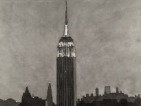 A black and white watercolor painting of the Empire State Building