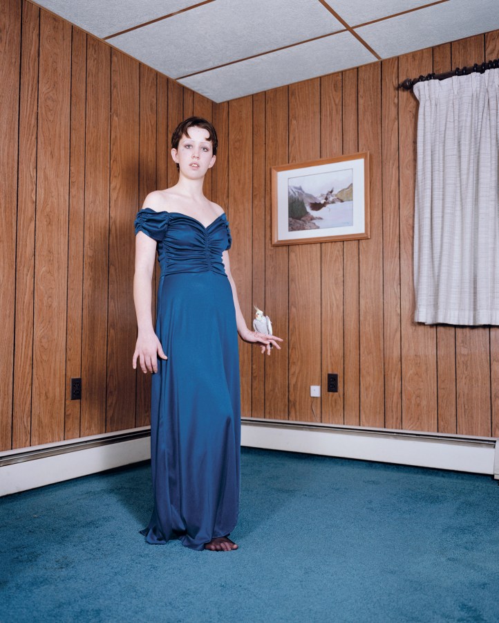 Color photograph of a woman in a blue evening gown in a wood paneled room