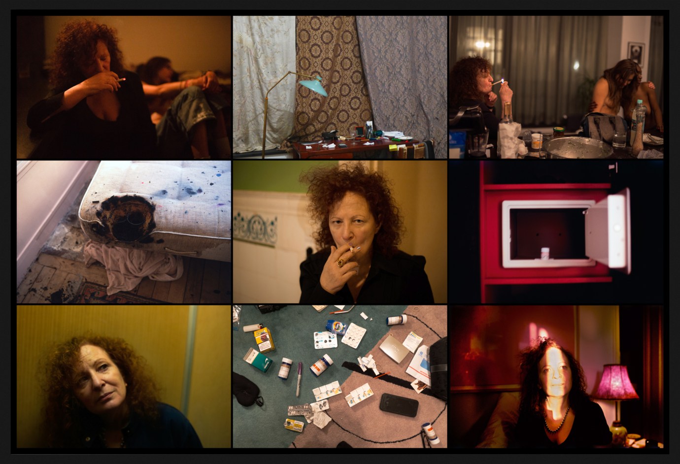 Color photograph depicting a grid of nine photographs depicting various still lives and portraits in a black frame