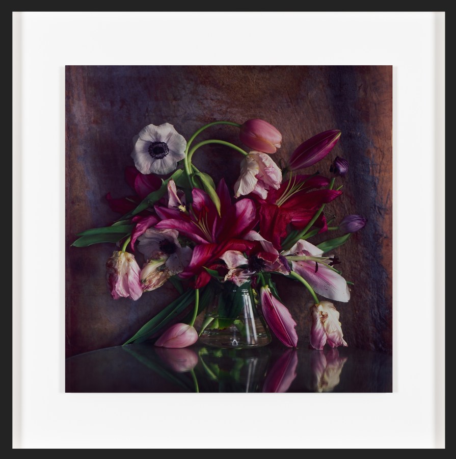 Color photograph of a glass vase filled with tulips and poppies in various stages of decay on a mirrored plinth framed in black