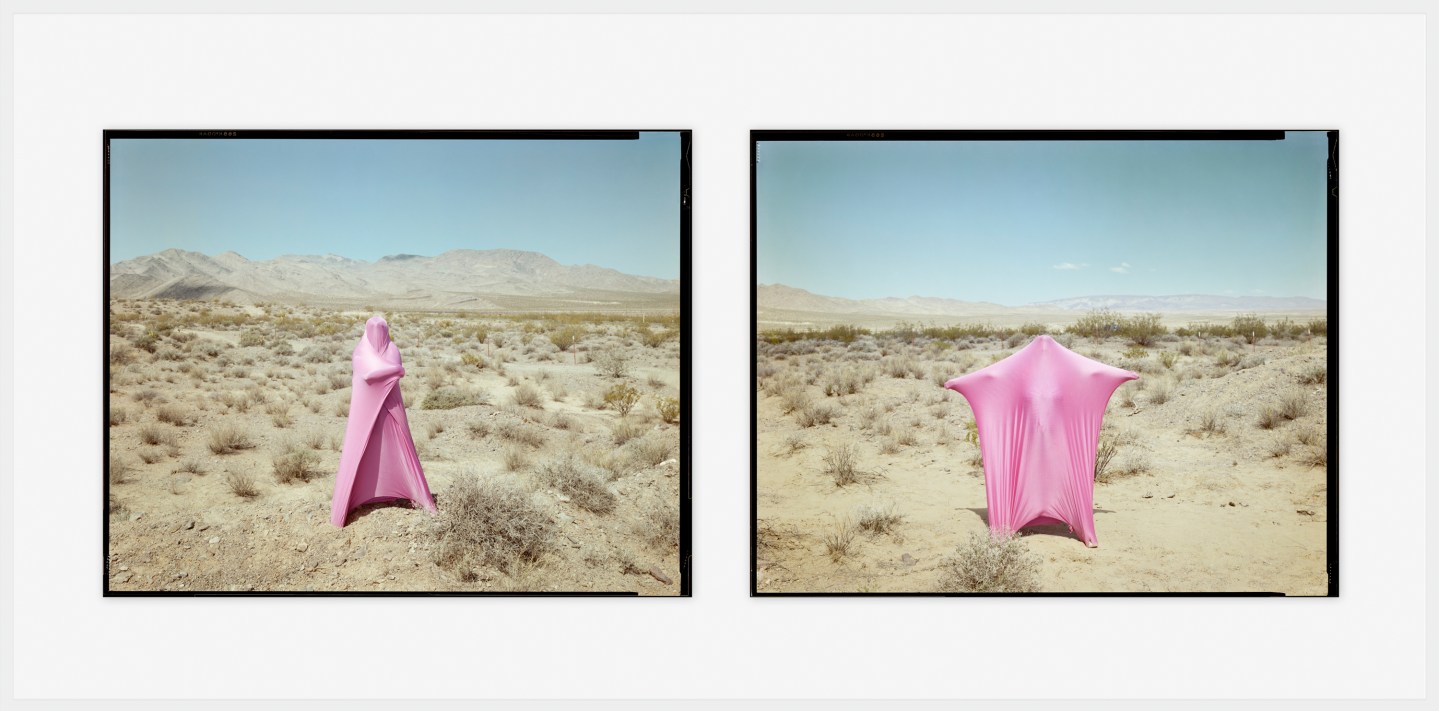 Framed diptych of two color photographs of a figure in pink fabric, in a desert landscape.