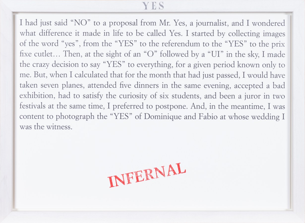 Color image of a white framed text panel with a red stamp of text reading 'Infernal'