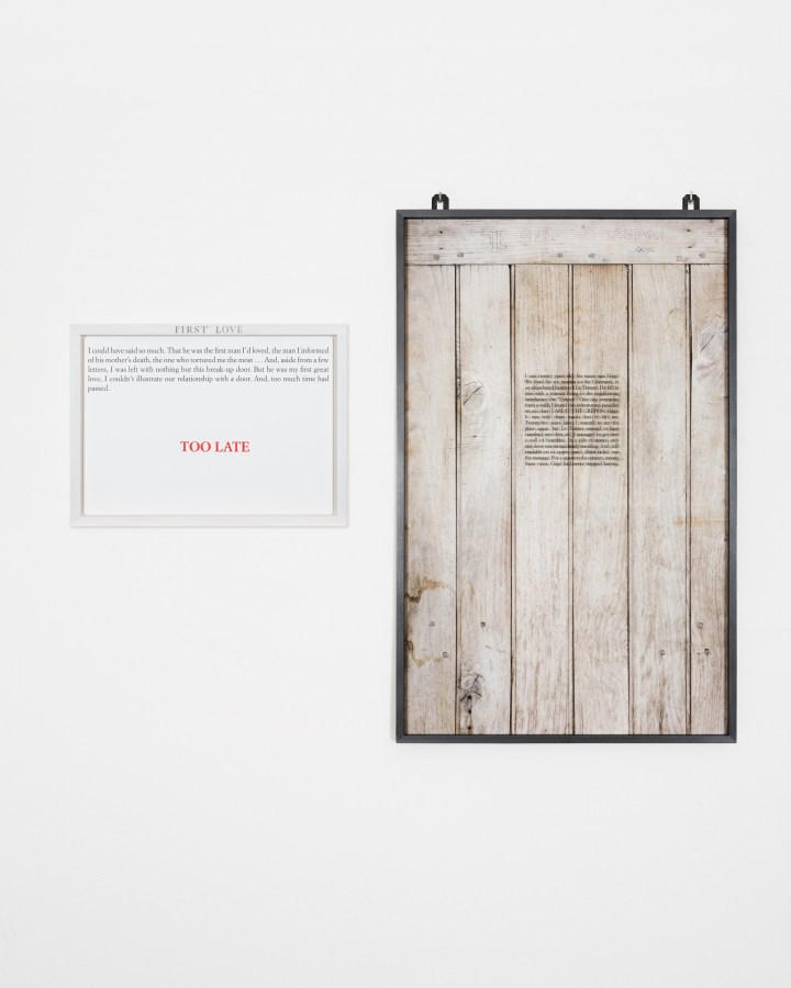 Color image of an artwork including a text panel and a photograph of door with text overlayed against a white wall