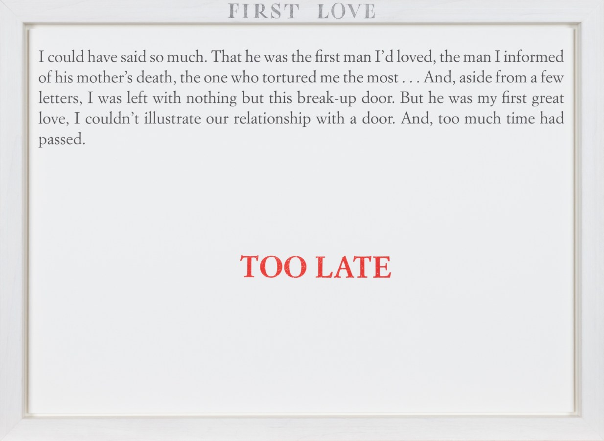 Color image of a white framed text panel with a red stamp of text reading 'Too Late'