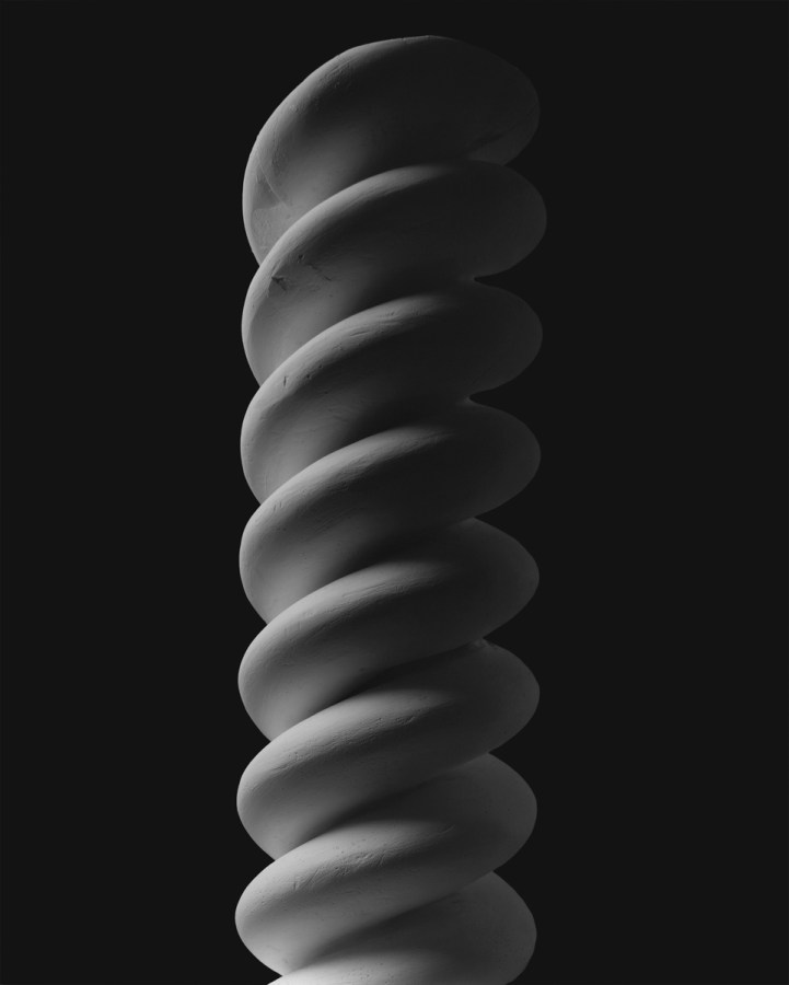 Black-and-white photograph of a helical twist of two touching strands