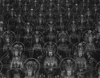 Black and white photograph of repeating statues of the Buddha